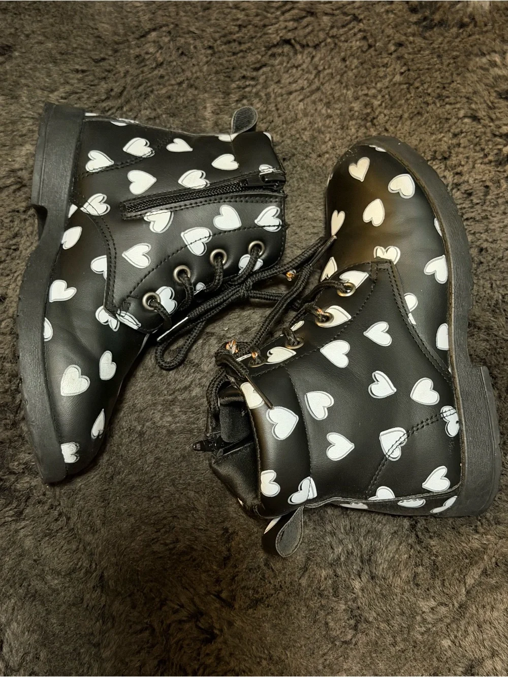 Kids Heart-Print Lace-Up Boots - Black Size 13